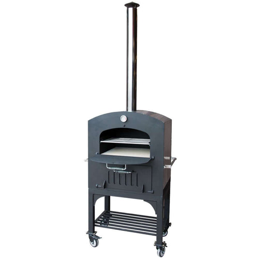 Front-side view of the Tuscan Chef Medium Portable Family Pizza Oven with Cart (Model GX-C2) with the door open.