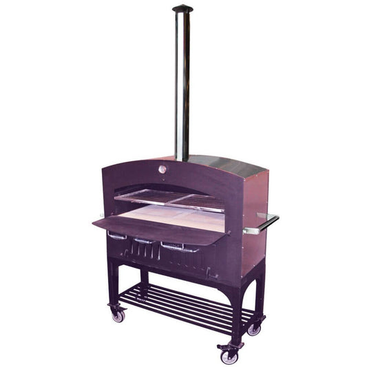 Front-side view of the Tuscan Chef Large Portable Family Pizza Oven with Cart (Model GX-D1) with the door open.