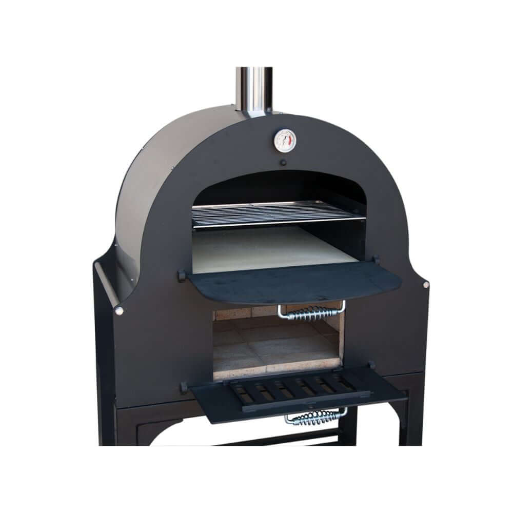 Zoomed-in front-side view of the Tuscan Chef Medium Portable Pizza Oven with Cart (Model GX-B1) with the door open.