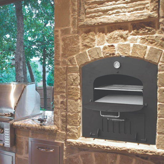 Tuscan Chef Medium Built-In Deluxe Family Pizza Oven (Model GX-CM) – Housed in a brick enclosure within an outdoor kitchen setting.