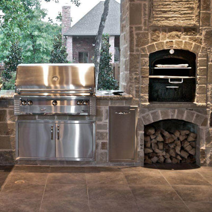 Tuscan Chef Medium Built-In Deluxe Family Pizza Oven (Model GX-CM) – Front-angle view of the unit installed in a shared enclosure with a BBQ grill, under a grill gazebo.