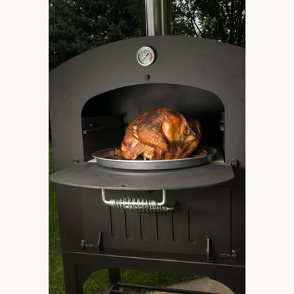 Tuscan Chef Medium Portable Family Pizza Oven with Cart (Model GX-C2) – Door is open, revealing a large roasted turkey on a tin plate.